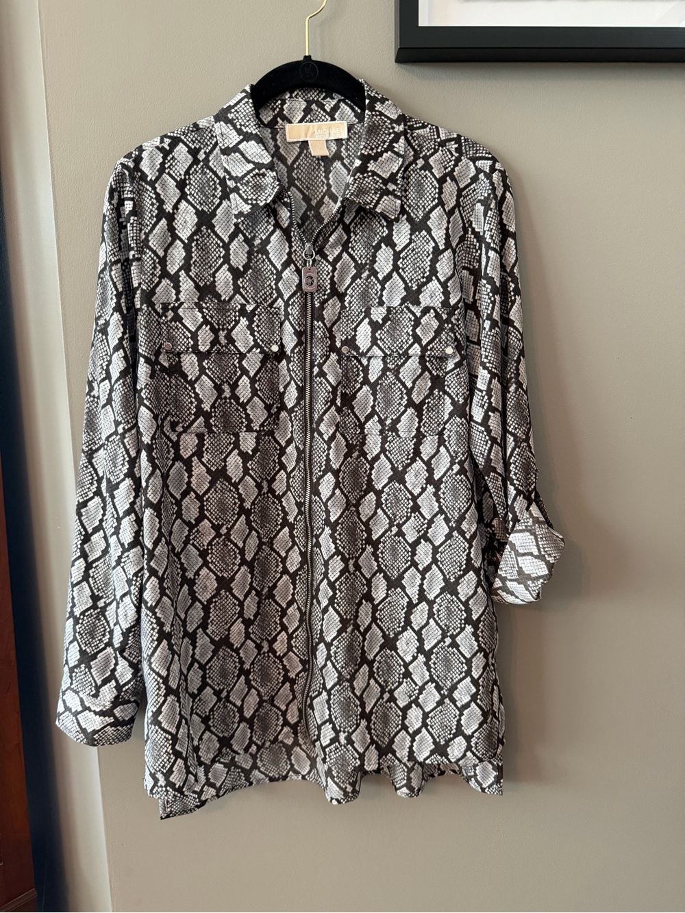 Michael Kors Black & White Snake-Print Zip Front Shirt. Medium